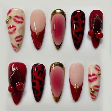 Cherry & Red Leopard Glam Press-On Nails