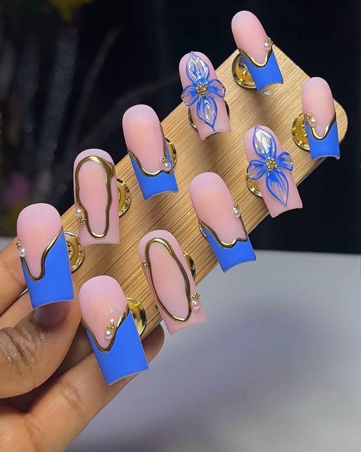 Blue & Gold Floral Press-On Nails