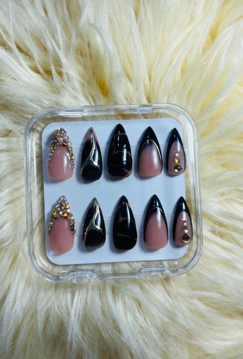 Black & Nude Rhinestone Stiletto Press-On Nails