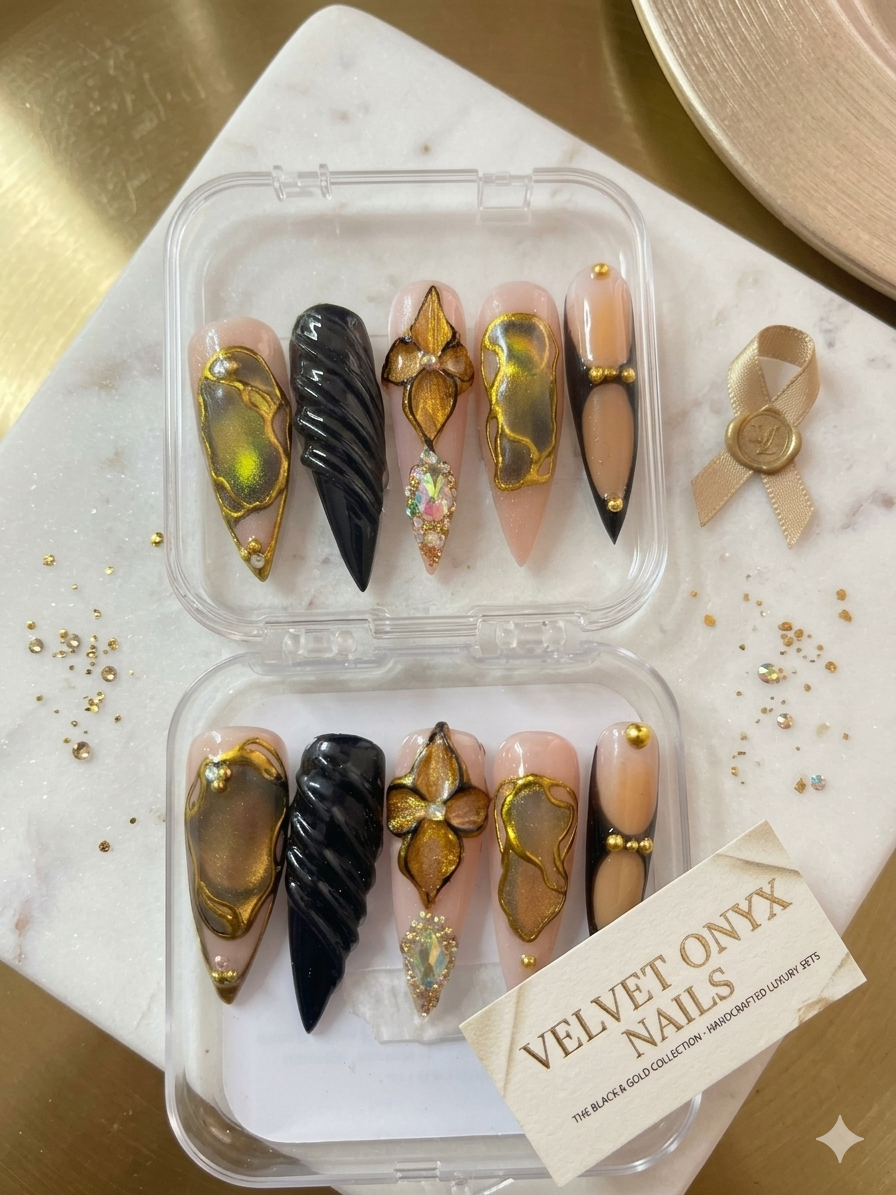 Velvet Onyx Luxury Press-On Nails — Black & Gold Collection