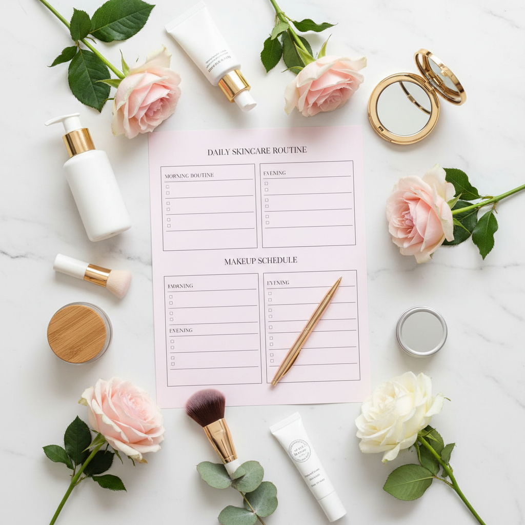 Printable beauty routine planner flat lay with skincare products, flowers and a gold pen on pastel pink background